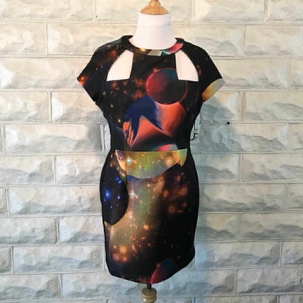 FUNKTIONAL: Trendy Cut-Out Galaxy Print Dress Sz L